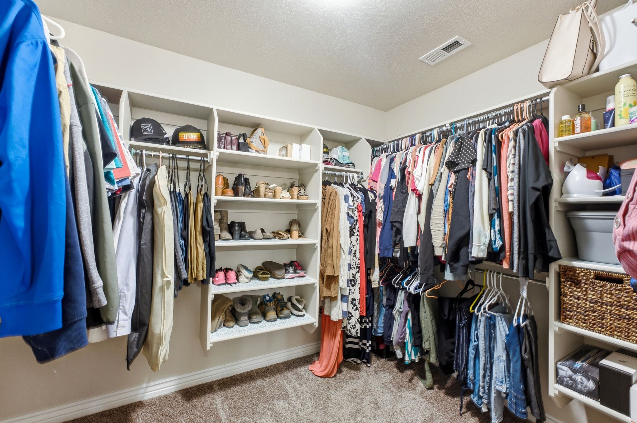 Expansive walk-in closet featuring extensive built-in shelving, multiple hanging rods, and carpet flooring
