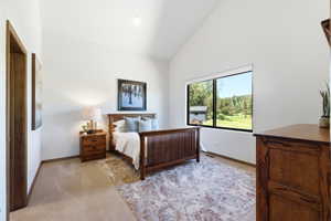 Vaulted ceiling bedroom with a large picture window, light carpeting, and wood-finish trim