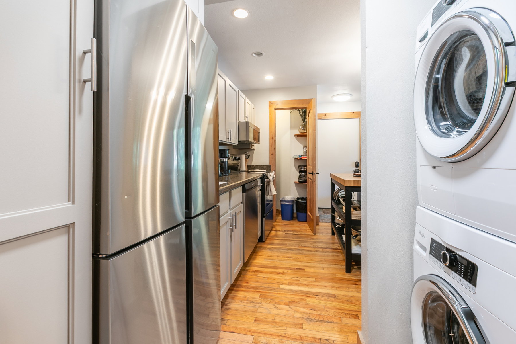 Kitchen area featuring stainless steel appliances, light wood-finish flooring, recessed lighting, light gray cabinetry with brushed nickel hardware, and dark countertops