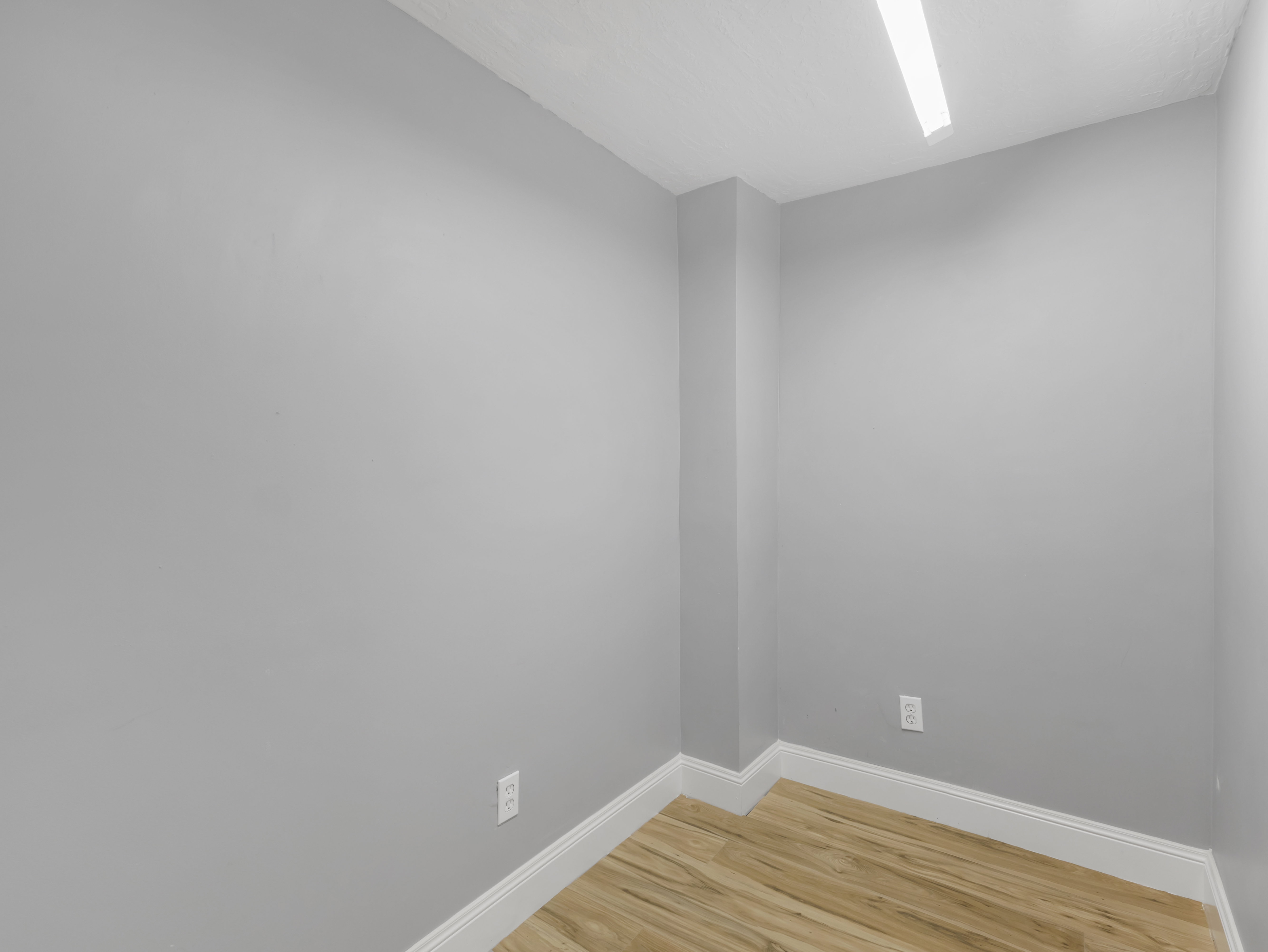 Room featuring light gray walls, wood-finish flooring, white baseboards, and a ceiling-mounted linear light fixture