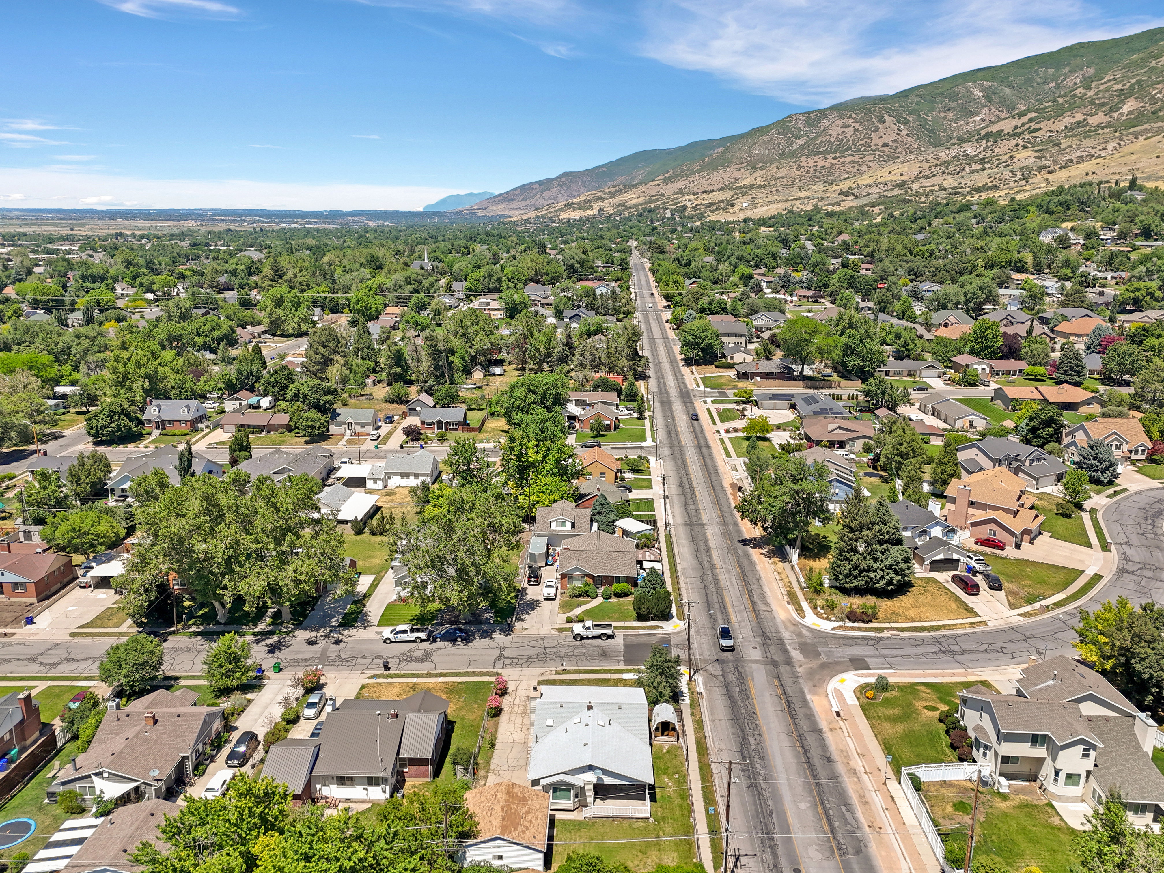 Aerial perspective showcasing a residential area with varied housing styles and mature tree coverage