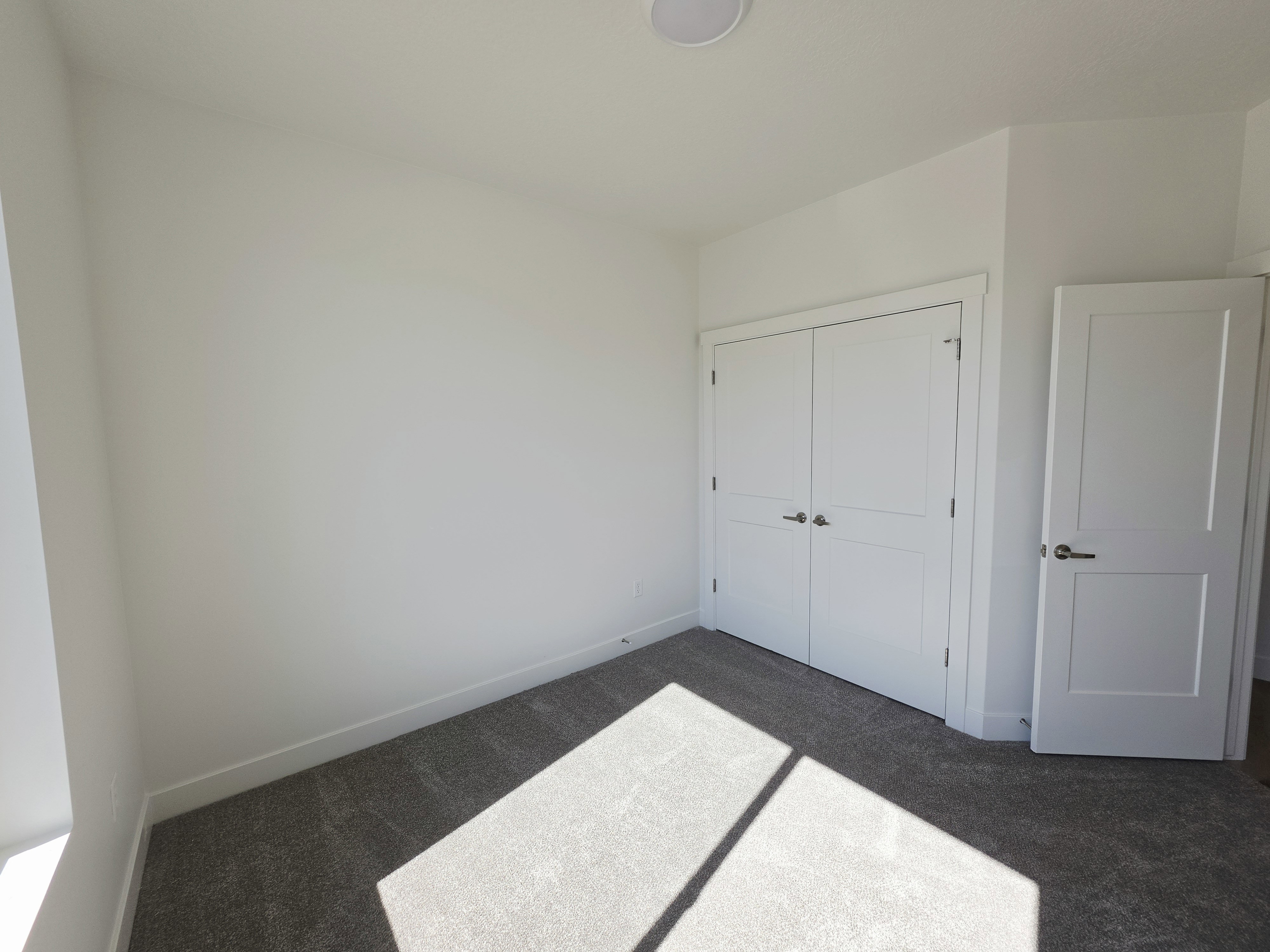 Neutral white walls complement the gray carpet flooring