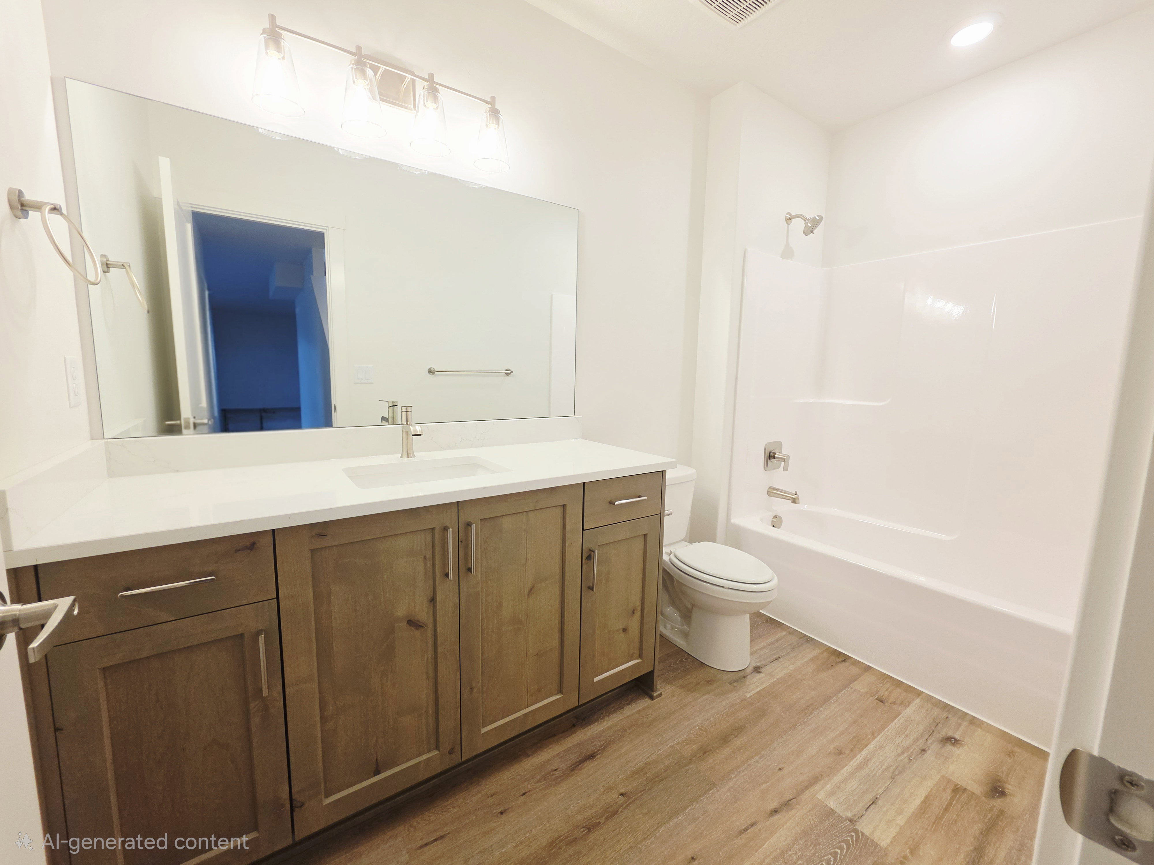 Modern bathroom featuring a wood-finish vanity with a white countertop and rectangular undermount sink