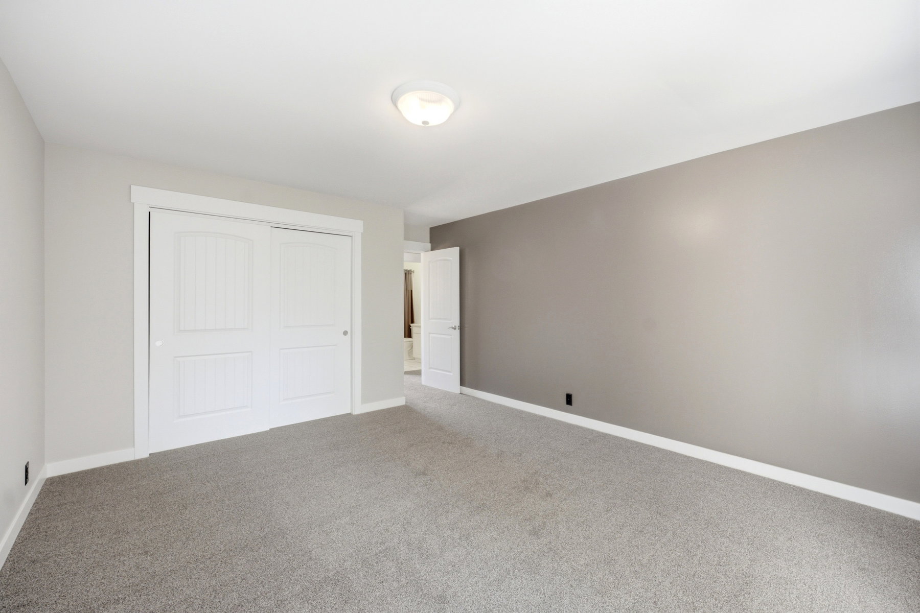 Carpeted room featuring a ceiling-mounted light fixture, white baseboards, and a contrasting accent wall