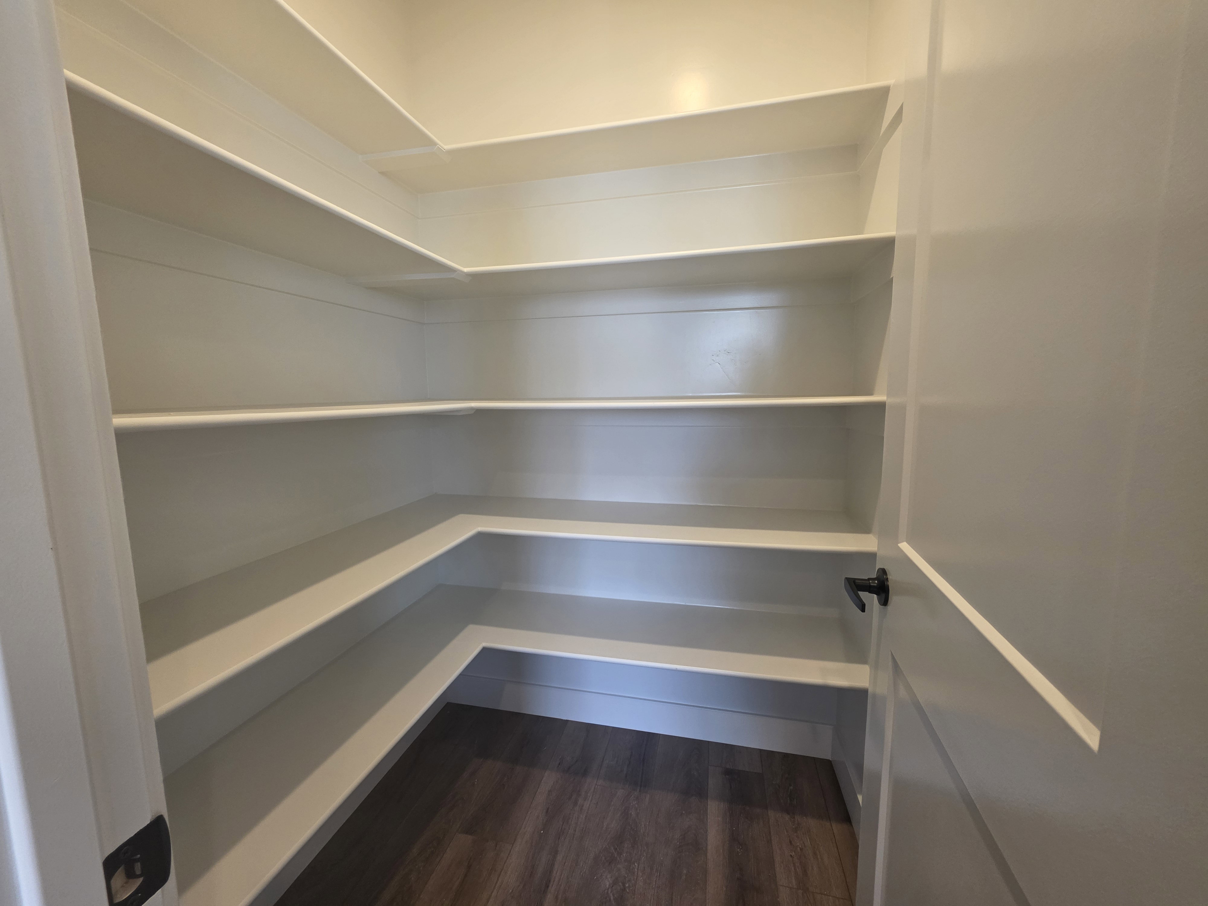 Walk-in pantry featuring extensive built-in shelving, wood-finish flooring, and a panel-style door with a matte black lever handle