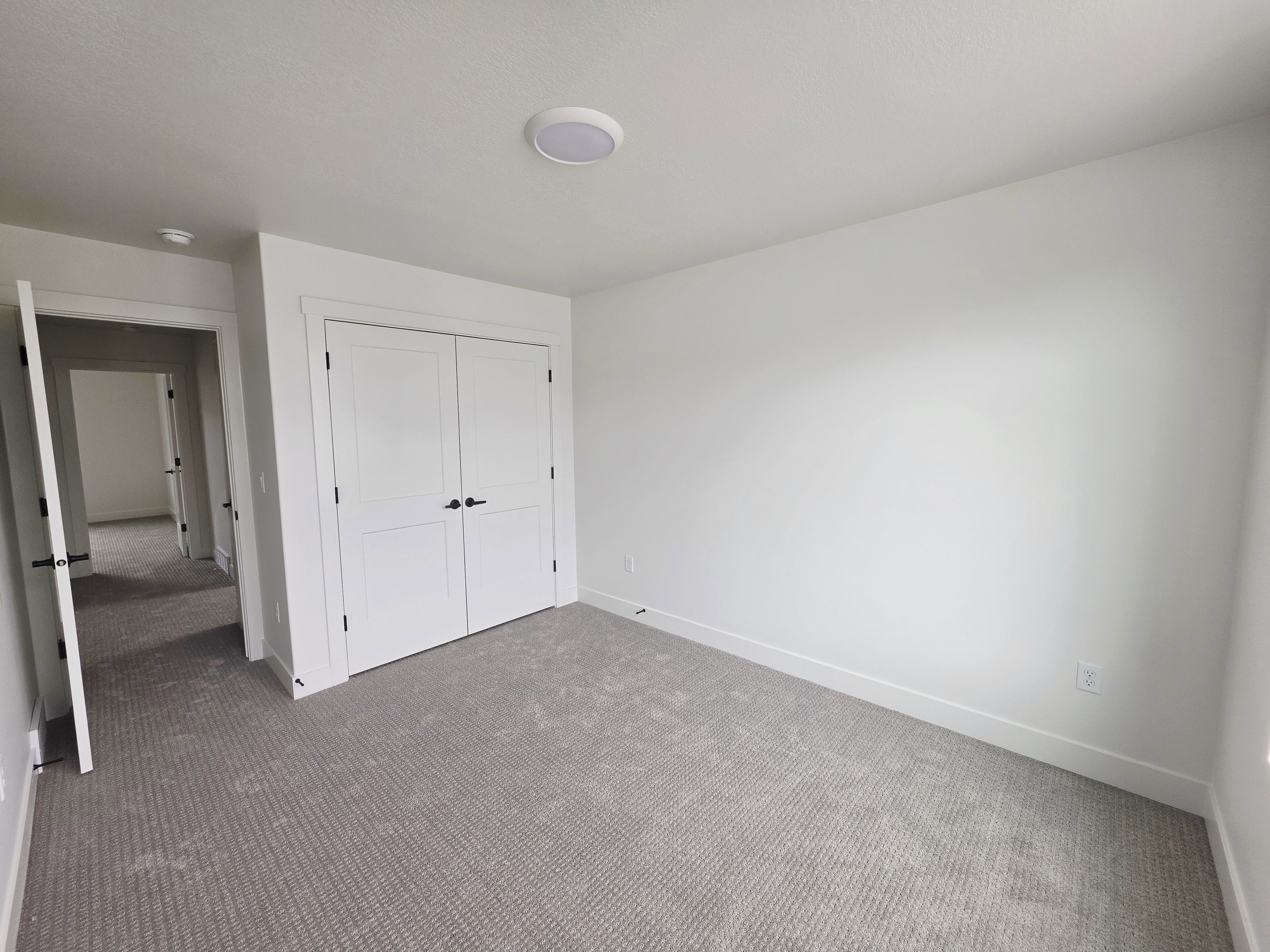 Neutral-toned carpeted room featuring a double-door closet with dark hardware, white walls, and a ceiling-mounted light fixture