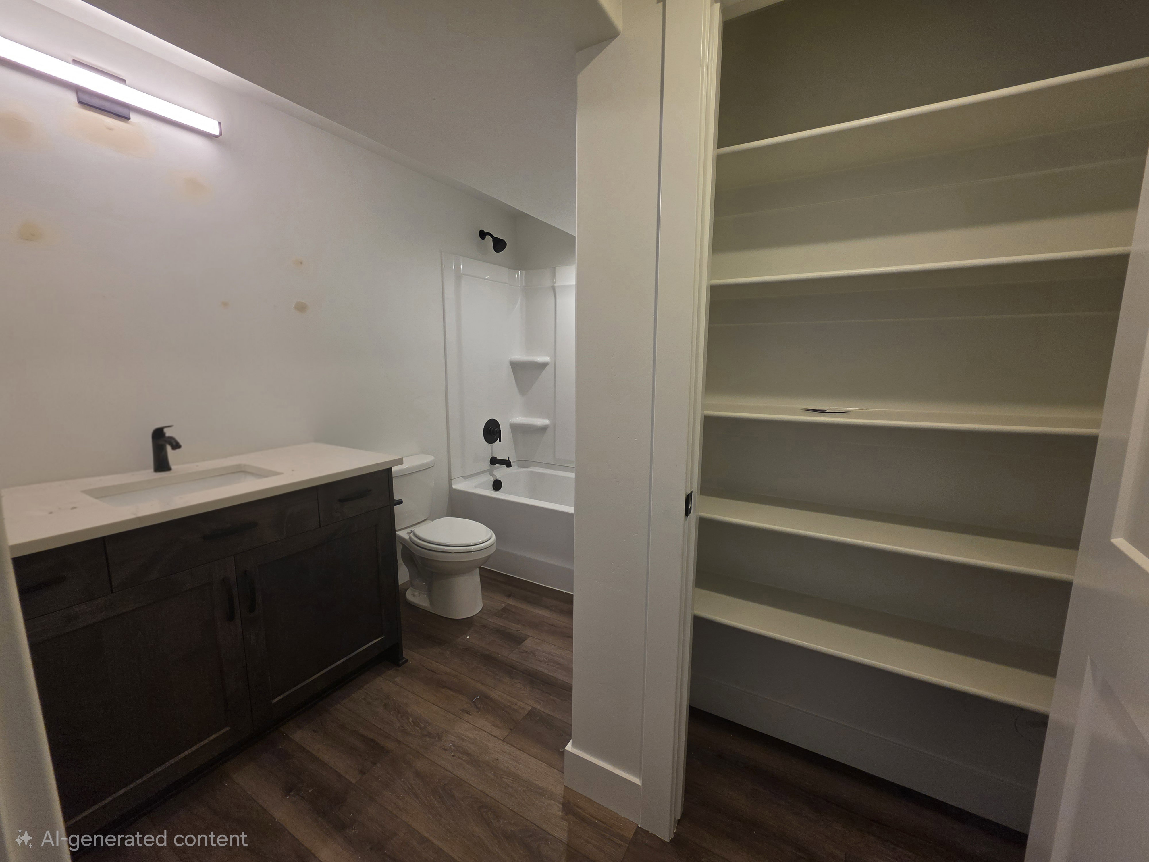 Bathroom featuring a dark wood-finish vanity with an integrated sink and light-toned countertop, matte black fixtures, a white toilet, and a white tub/shower combination with a built-in shelf