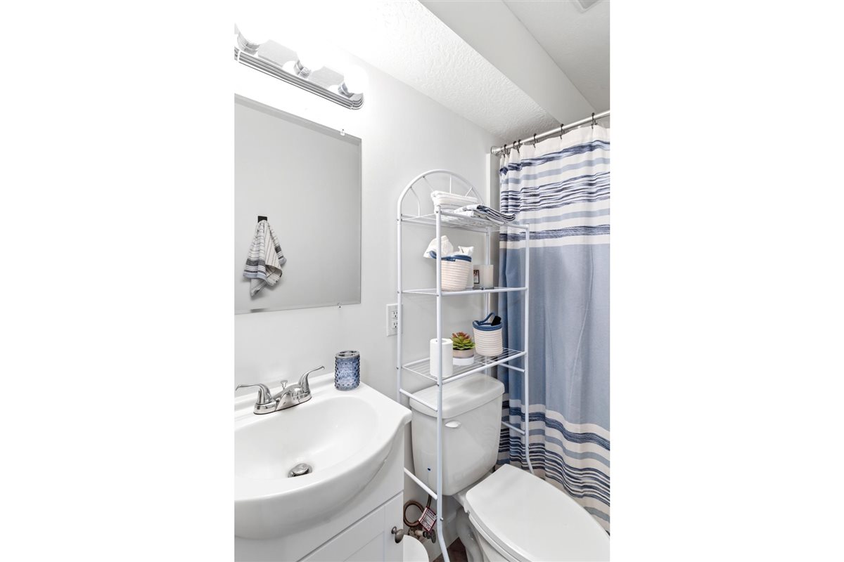 Bathroom featuring a single vanity, wall-mounted mirror, overhead light fixture, and a shower with a curtain rod