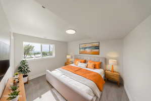 Bright bedroom featuring a large window, neutral gray carpeting, white walls, and a contemporary flush-mount ceiling light fixture