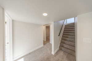 Carpeted staircase with a dark-finish handrail and light-colored walls