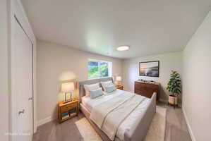 Bedroom featuring light-toned walls and plush carpeting