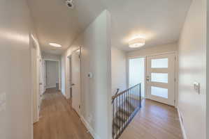 Entryway featuring a contemporary front door with frosted glass panels and a sidelight