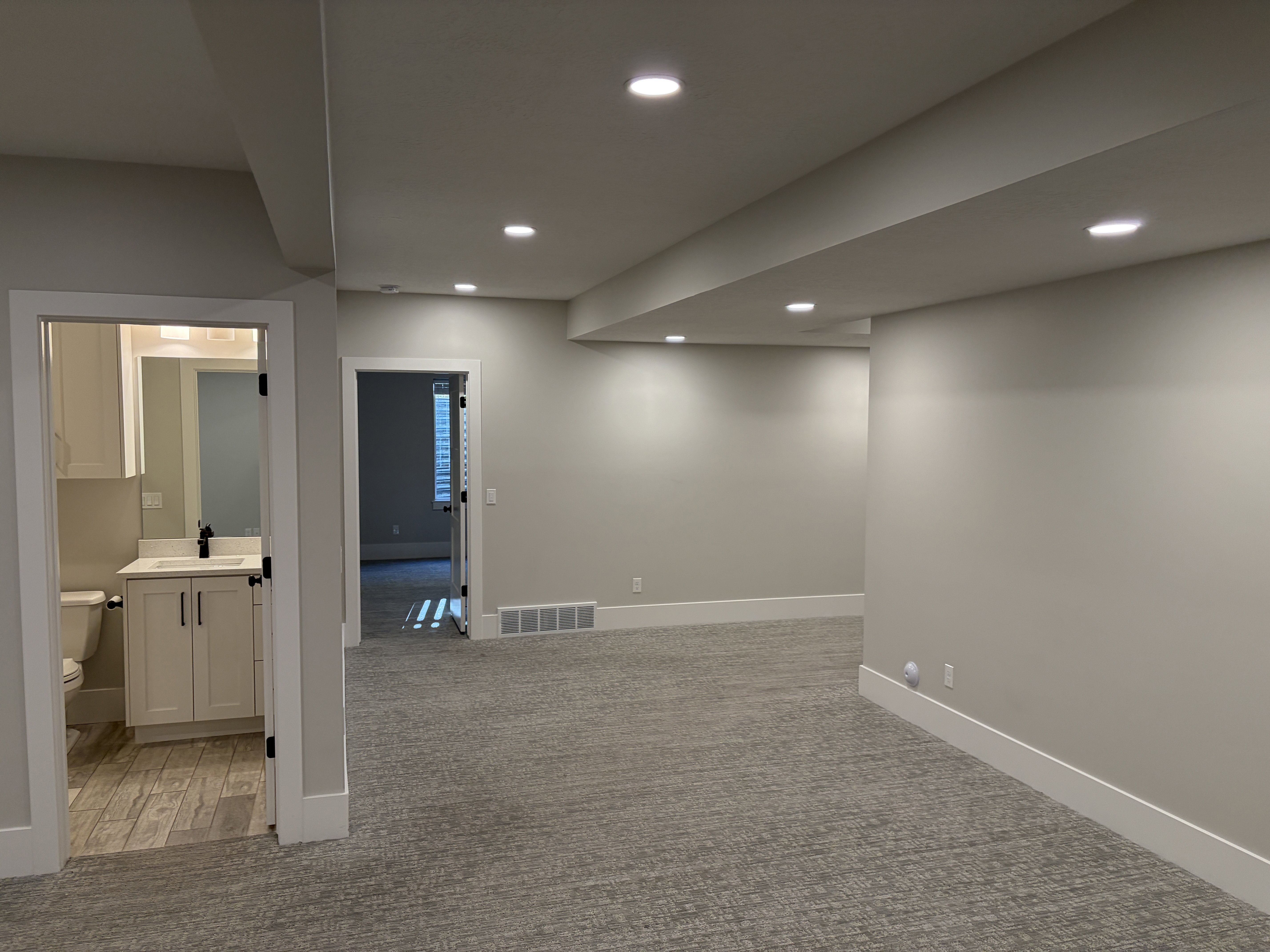 Expansive room featuring recessed lighting, light gray wall paint, textured gray carpeting, and white baseboards