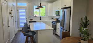 Modern kitchen featuring a central island with countertop seating, white shaker cabinetry, stainless steel appliances, and wood-finish flooring