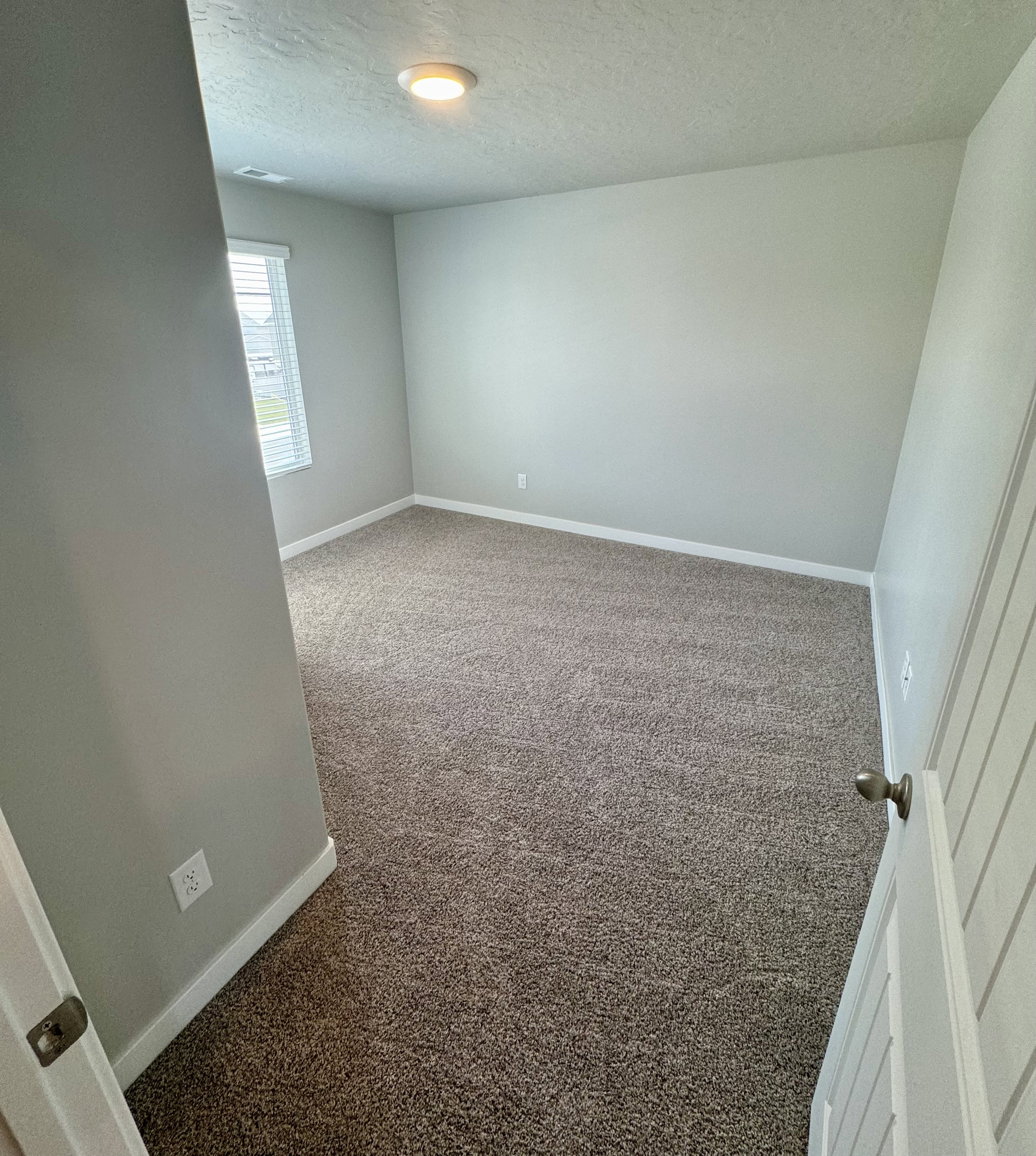 Carpeted room featuring a flush-mount ceiling light, a window with horizontal blinds, and a paneled door with a brushed nickel knob