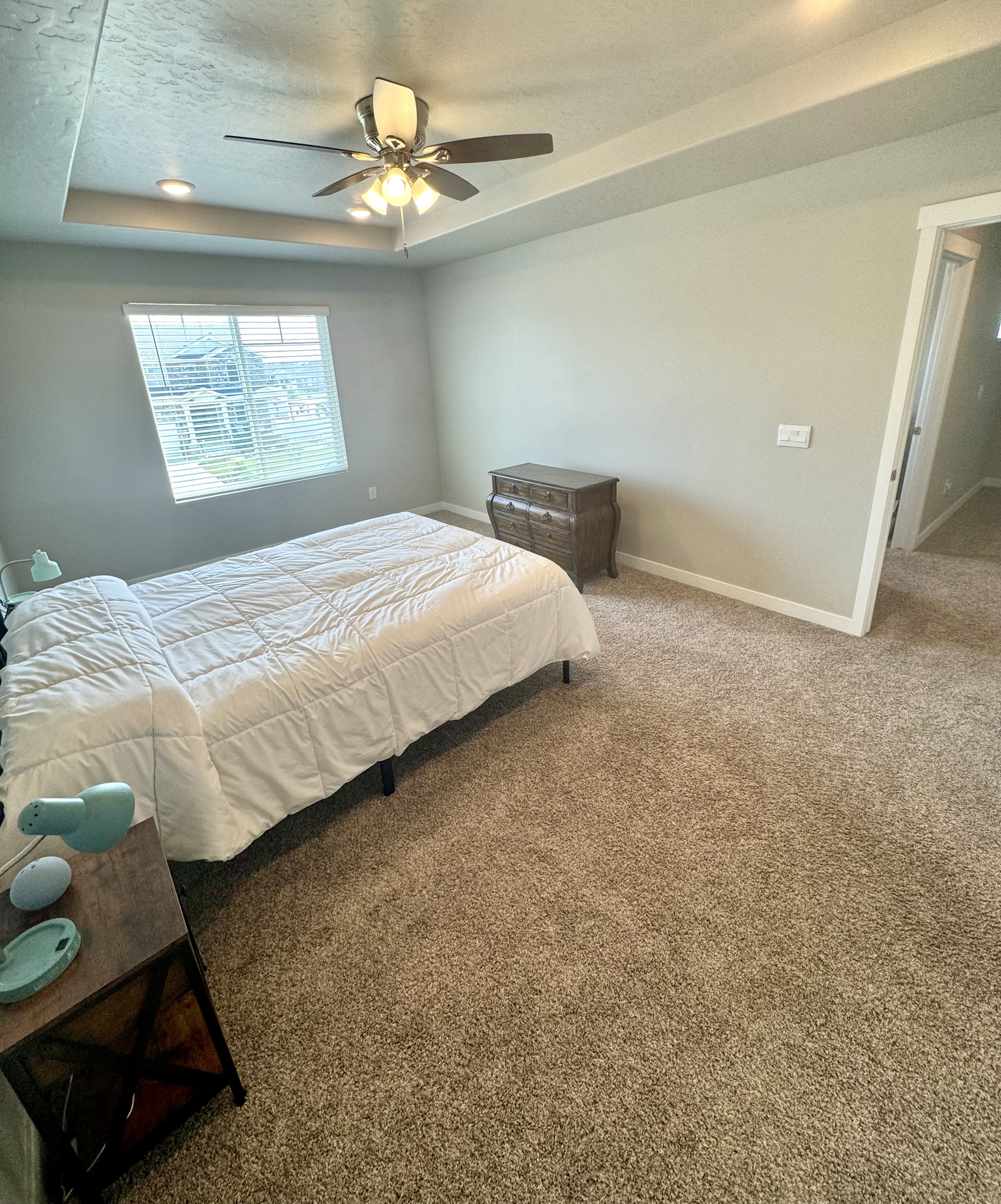 Bedroom featuring a tray ceiling with recessed lighting and a ceiling fan, neutral wall paint, and plush carpeting