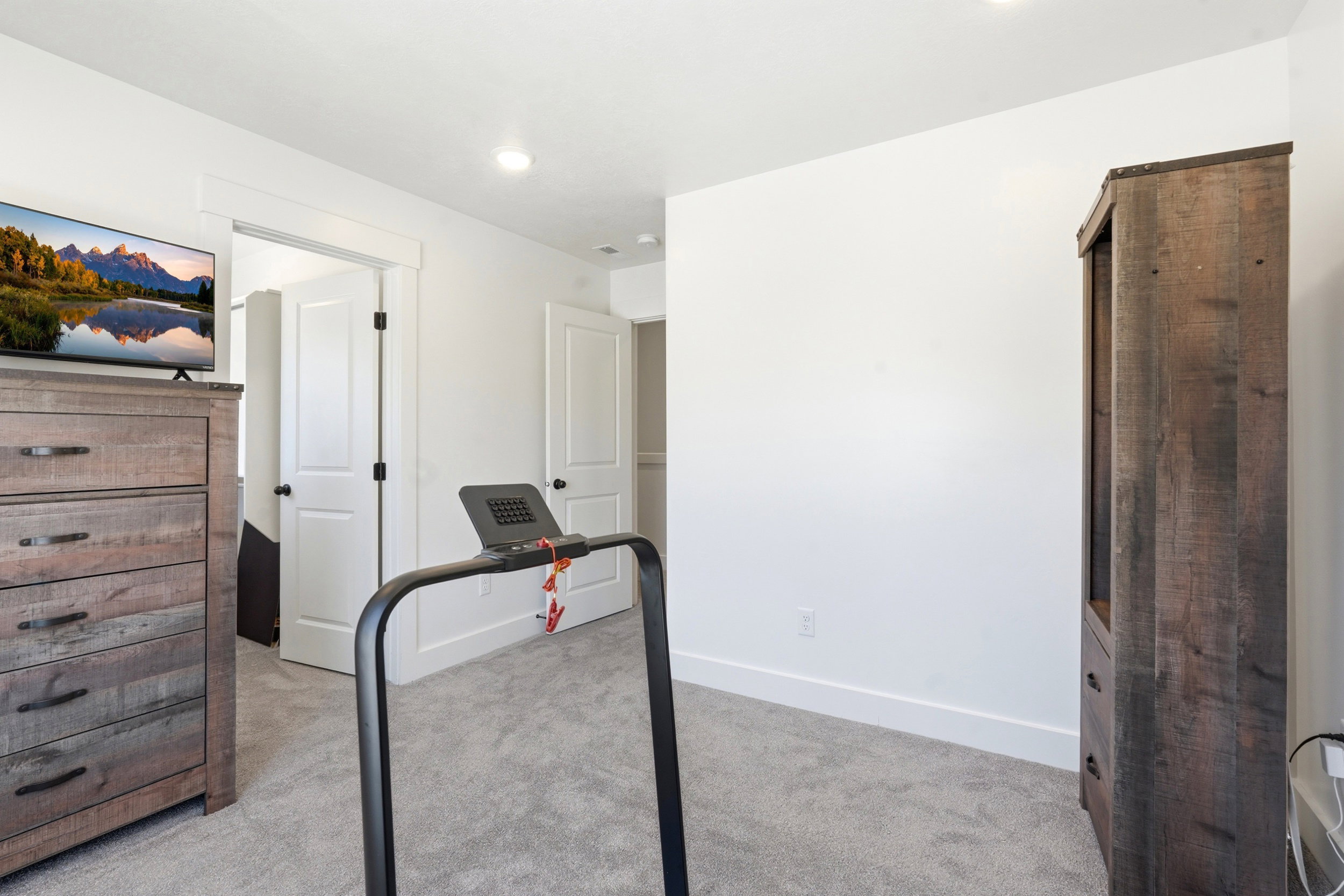 Carpeted interior space featuring white walls and a white door with black hardware