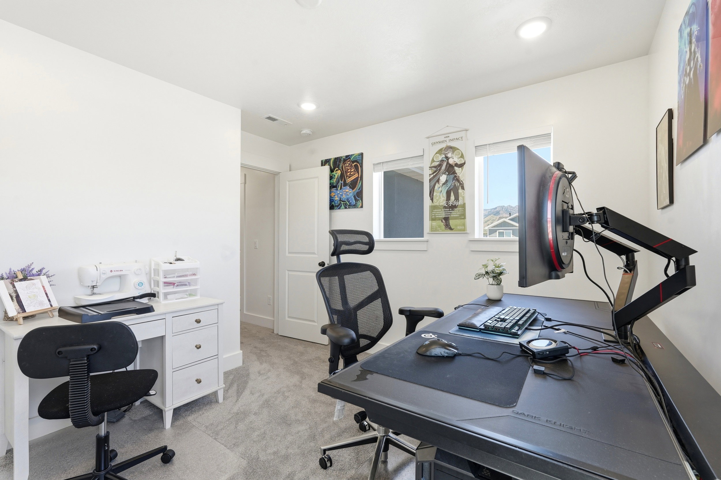 Bright room with light gray carpet flooring