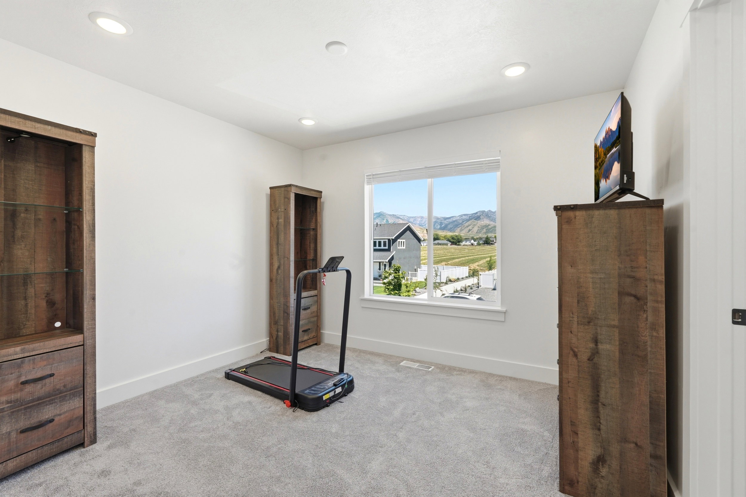 Room featuring light gray carpet, white walls, and recessed lighting