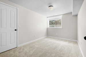 Room featuring light beige carpet, white walls, and a white six-panel door with black hardware