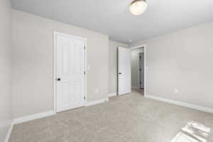 Neutral-toned interior room featuring light gray walls, white trim, and light-colored carpet flooring