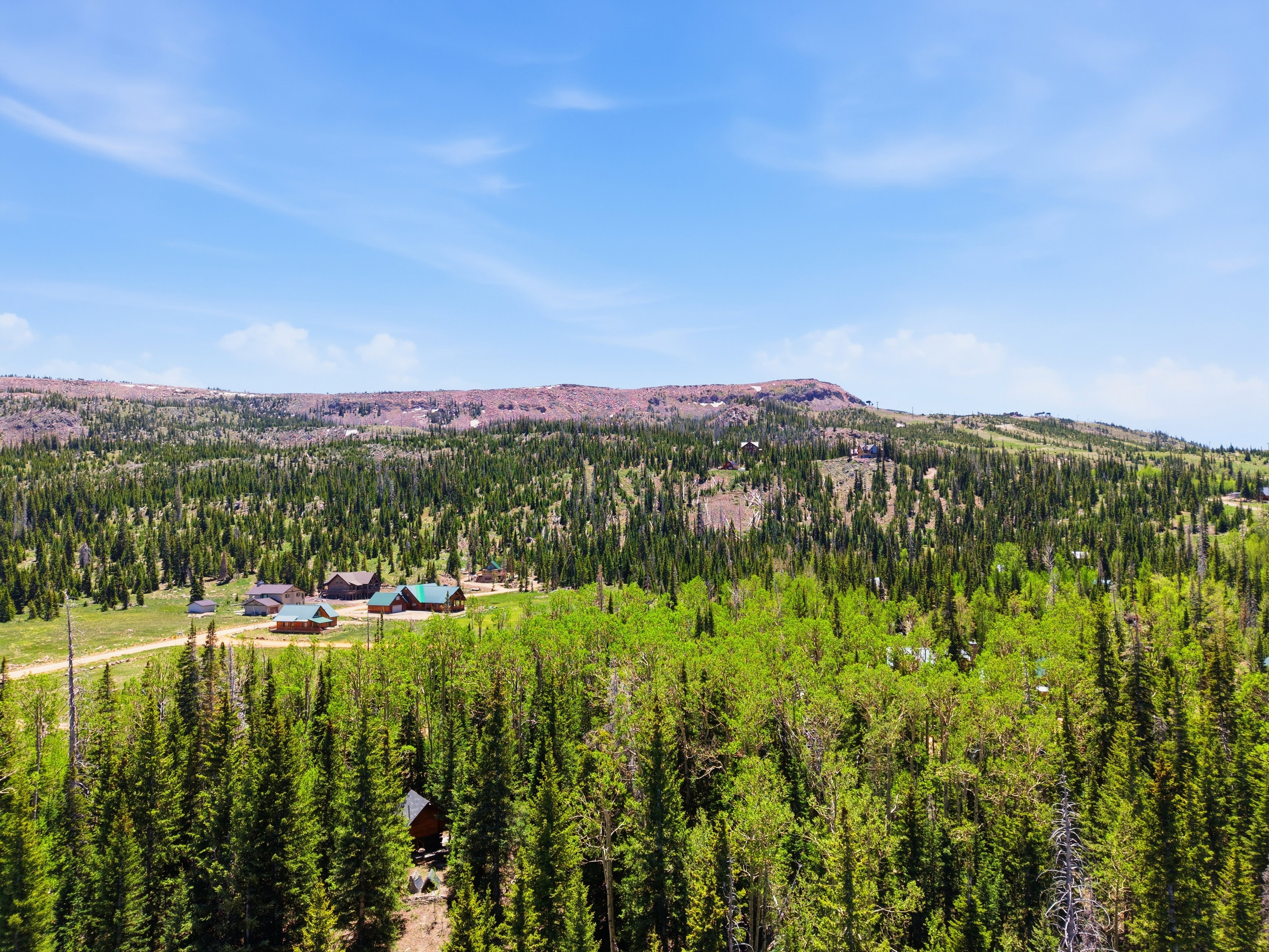 Expansive mountain landscape featuring dense evergreen forests and scattered deciduous trees