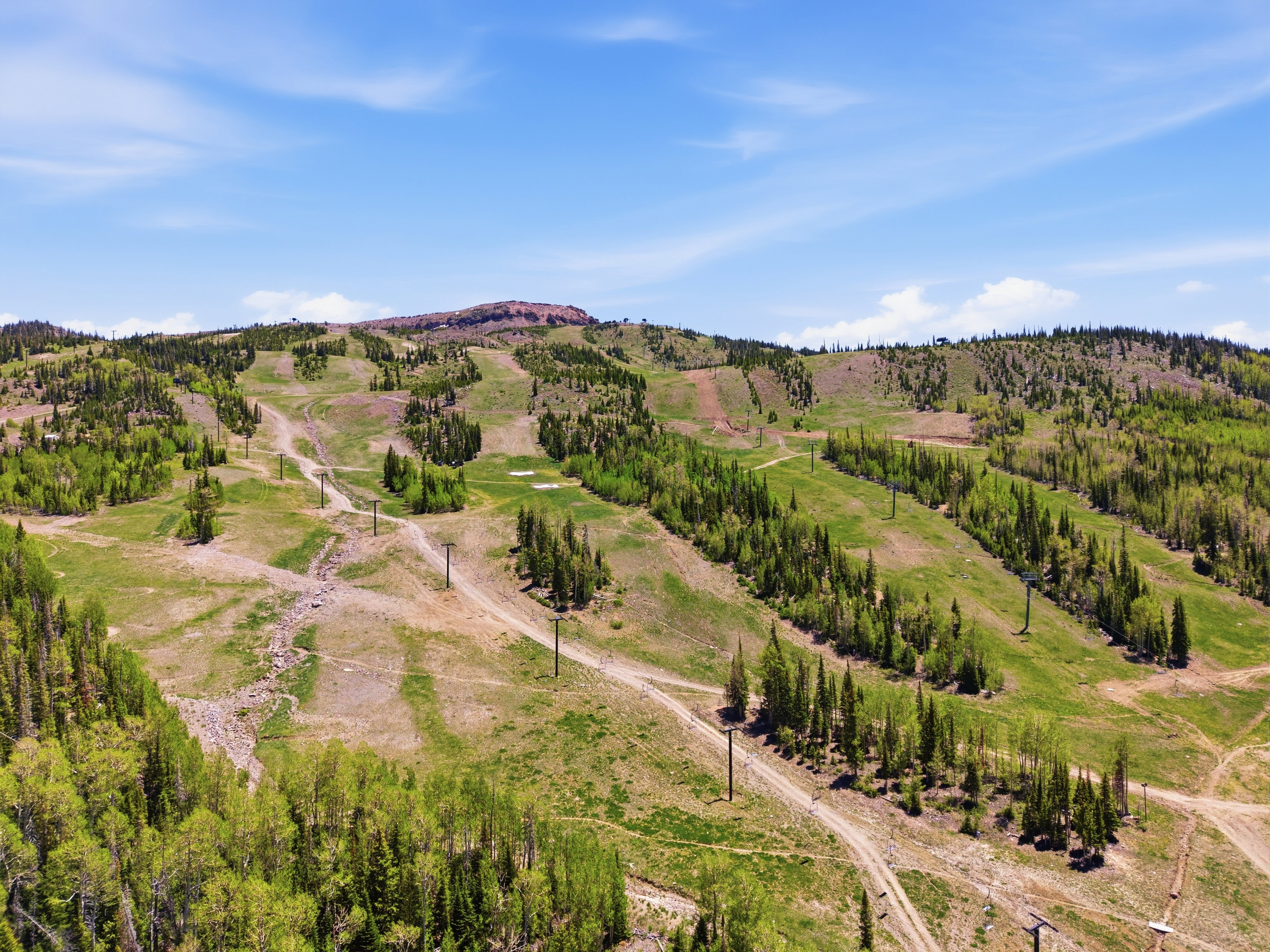 Expansive mountain terrain featuring green slopes, scattered evergreen trees, and ski lift infrastructure