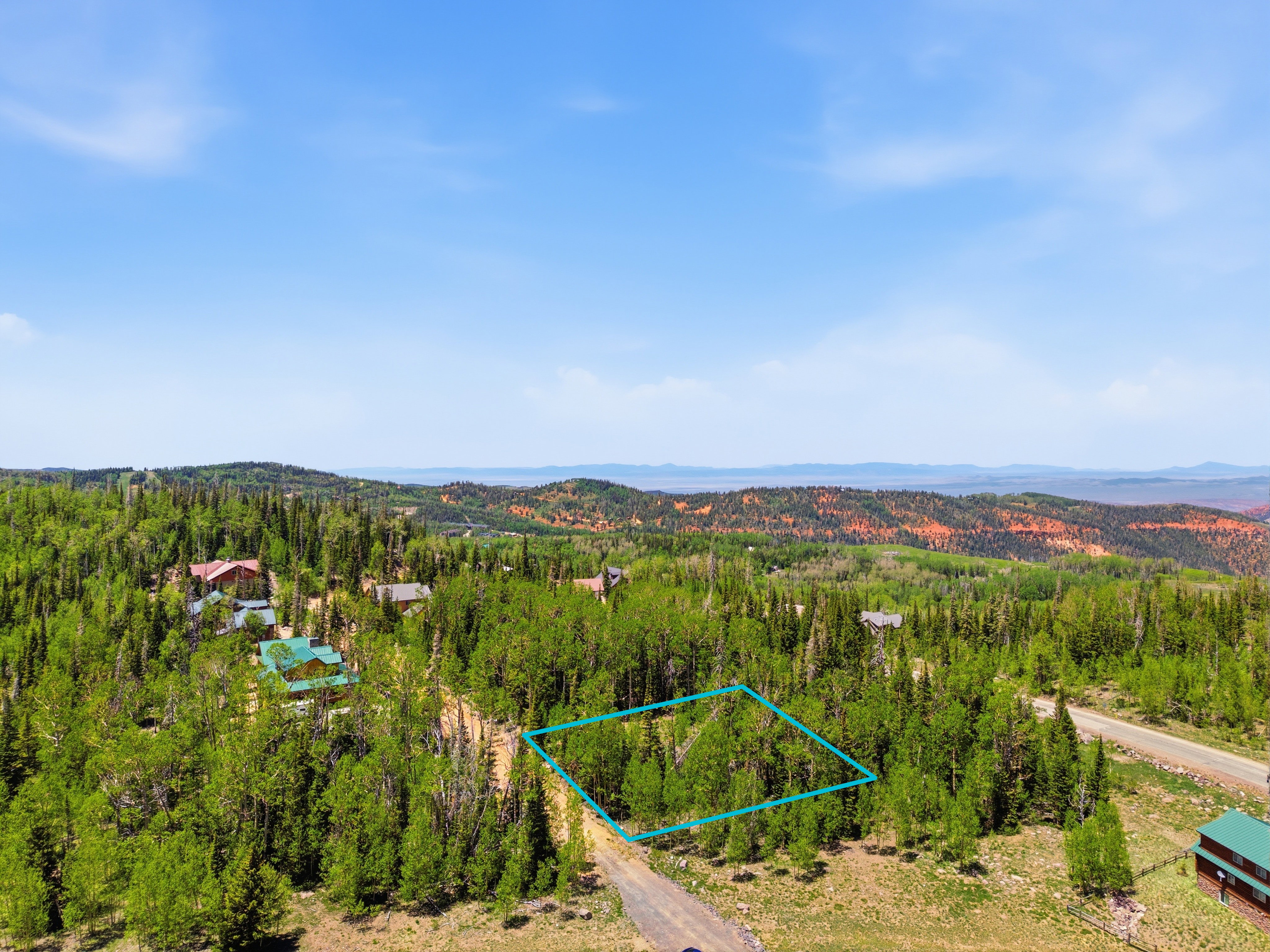 Wooded lot featuring mature trees, a dirt road access, and distant mountain scenery
