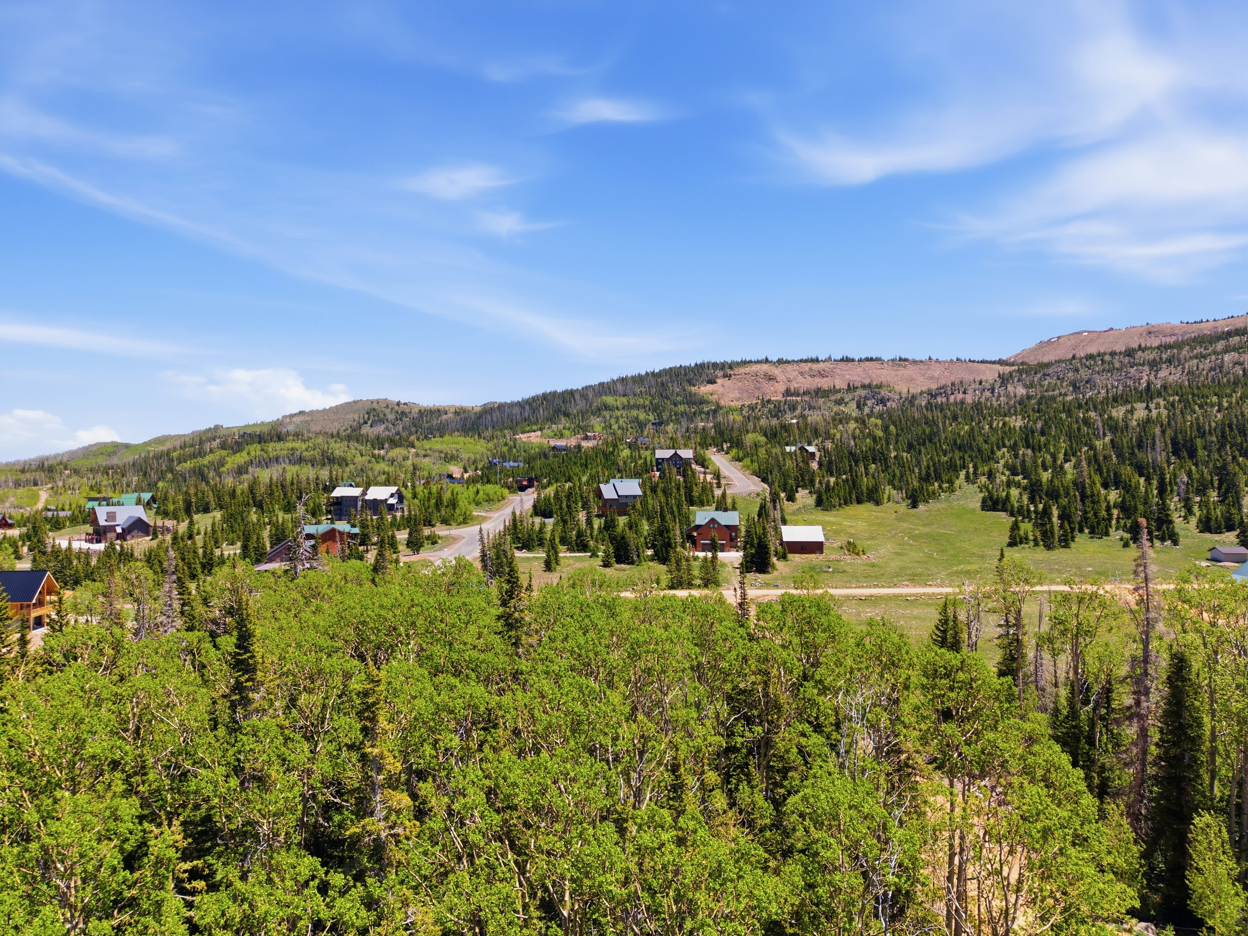 Expansive mountain landscape featuring numerous residential properties nestled amongst dense evergreen and deciduous trees