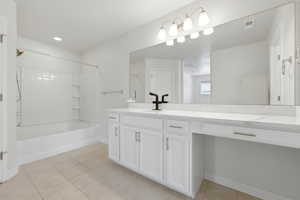 White vanity with a single basin sink, matte black faucet, and white countertop