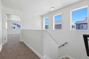 Carpeted hallway and staircase featuring a white painted railing, black handrail, and three rectangular windows