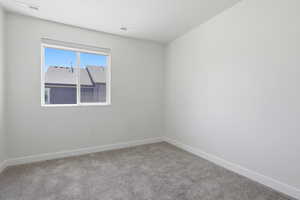 Neutral tone wall finishes, gray carpet flooring, white trim, and a window with a roller shade