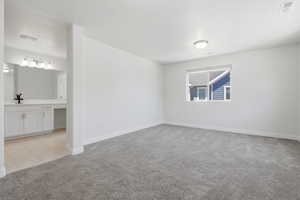 Expansive room with neutral carpeting and a large window