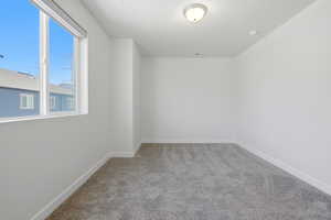 Light-filled room featuring a large window, neutral gray carpeting, white baseboards, and a flush-mount ceiling light fixture