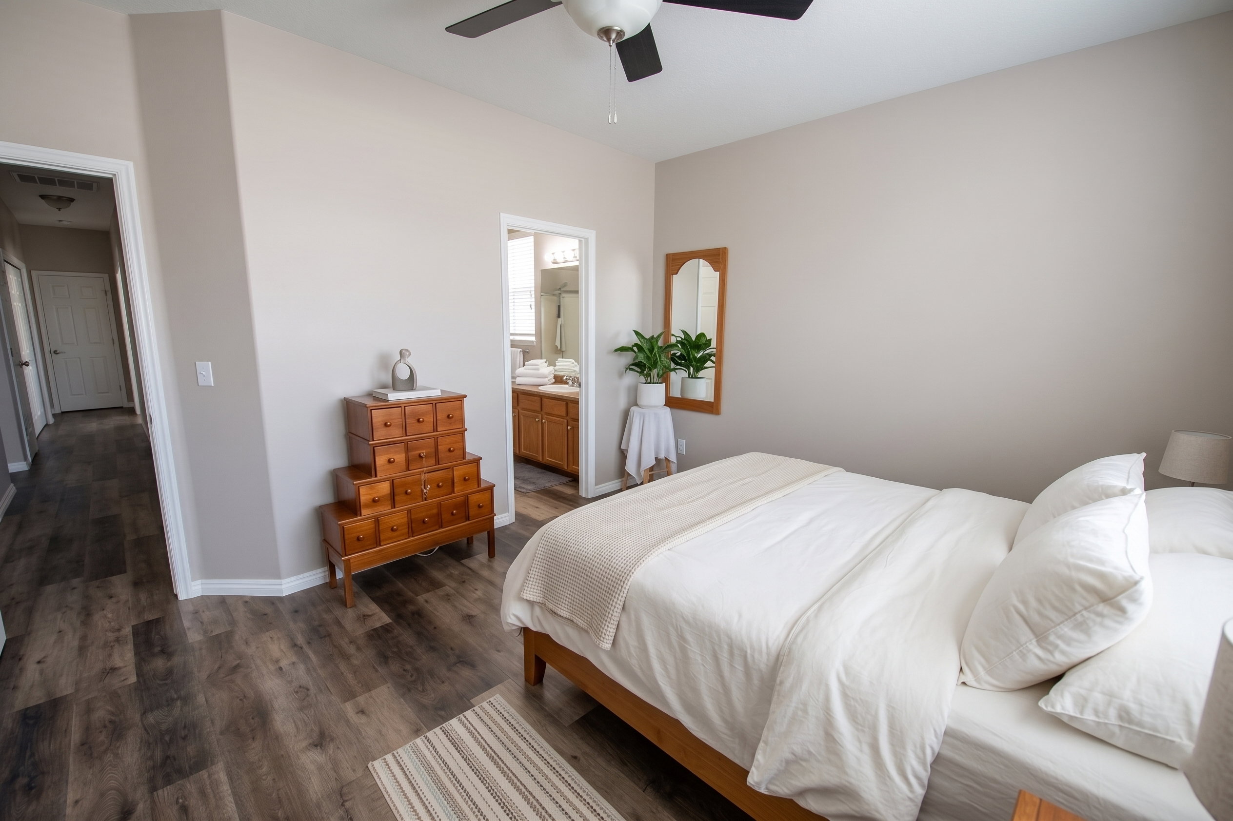 Bedroom featuring LVP flooring, a ceiling fan, and ensuite bathroom
