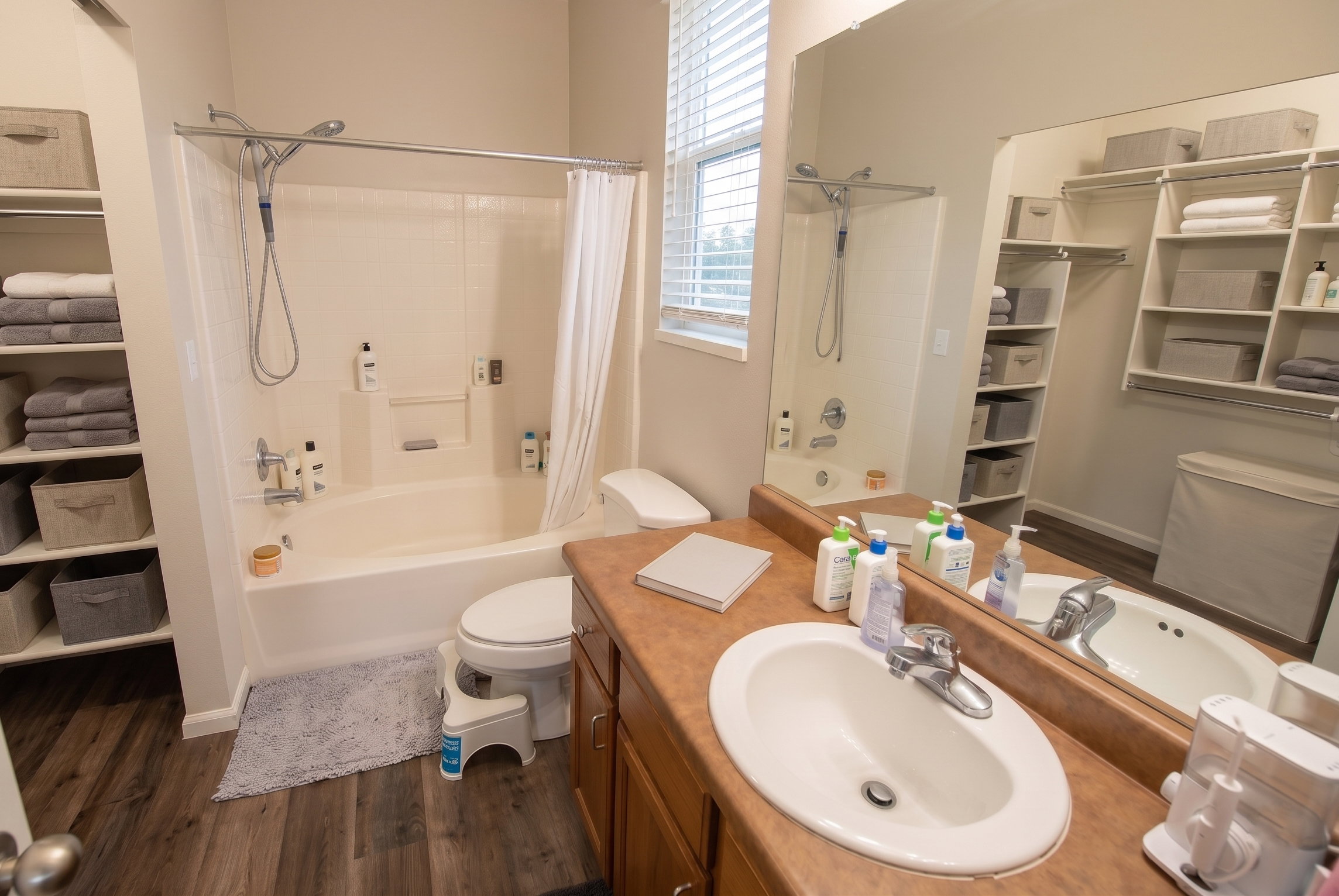 Full bathroom with LVP flooring, shower / tub combo, and vanity