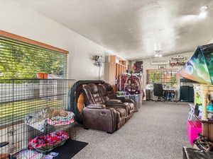 Spacious room featuring carpeting, multiple windows with blinds, a built-in shelving unit, and a visible air conditioning unit