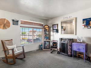 Carpeted room featuring a large window with horizontal blinds, providing natural light