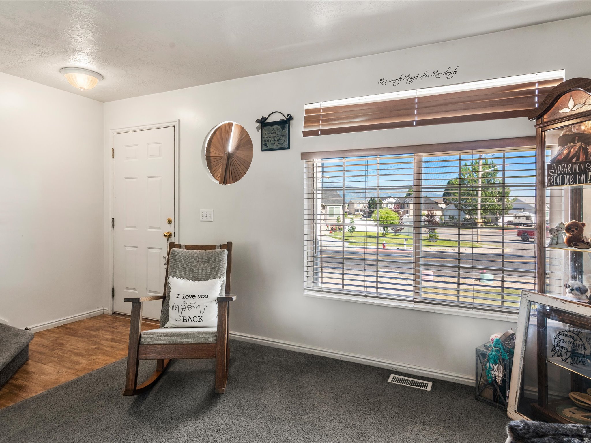 Interior space featuring a white paneled door, wood-finish flooring, and wall-to-wall carpeting
