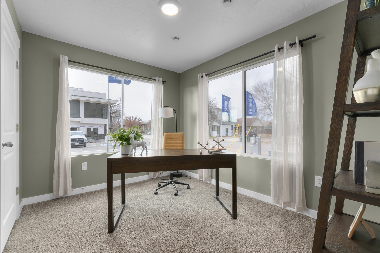 Bright room featuring two large windows, carpeted flooring, a recessed ceiling light, and a white interior door with a silver handle