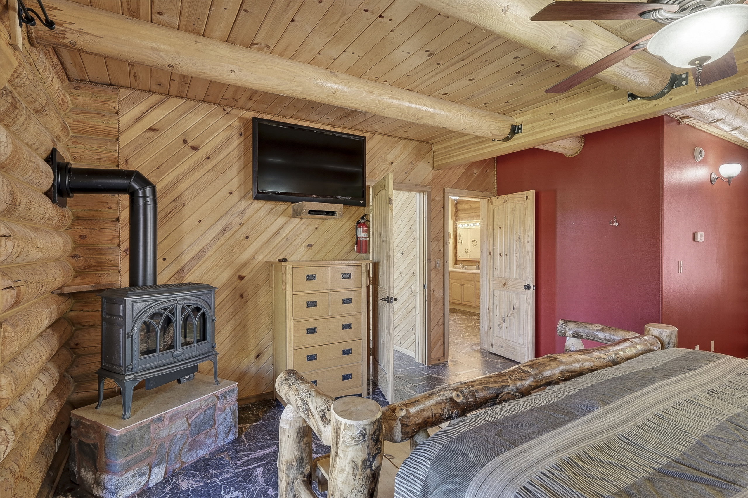 Interior wood-burning stove with a stone hearth