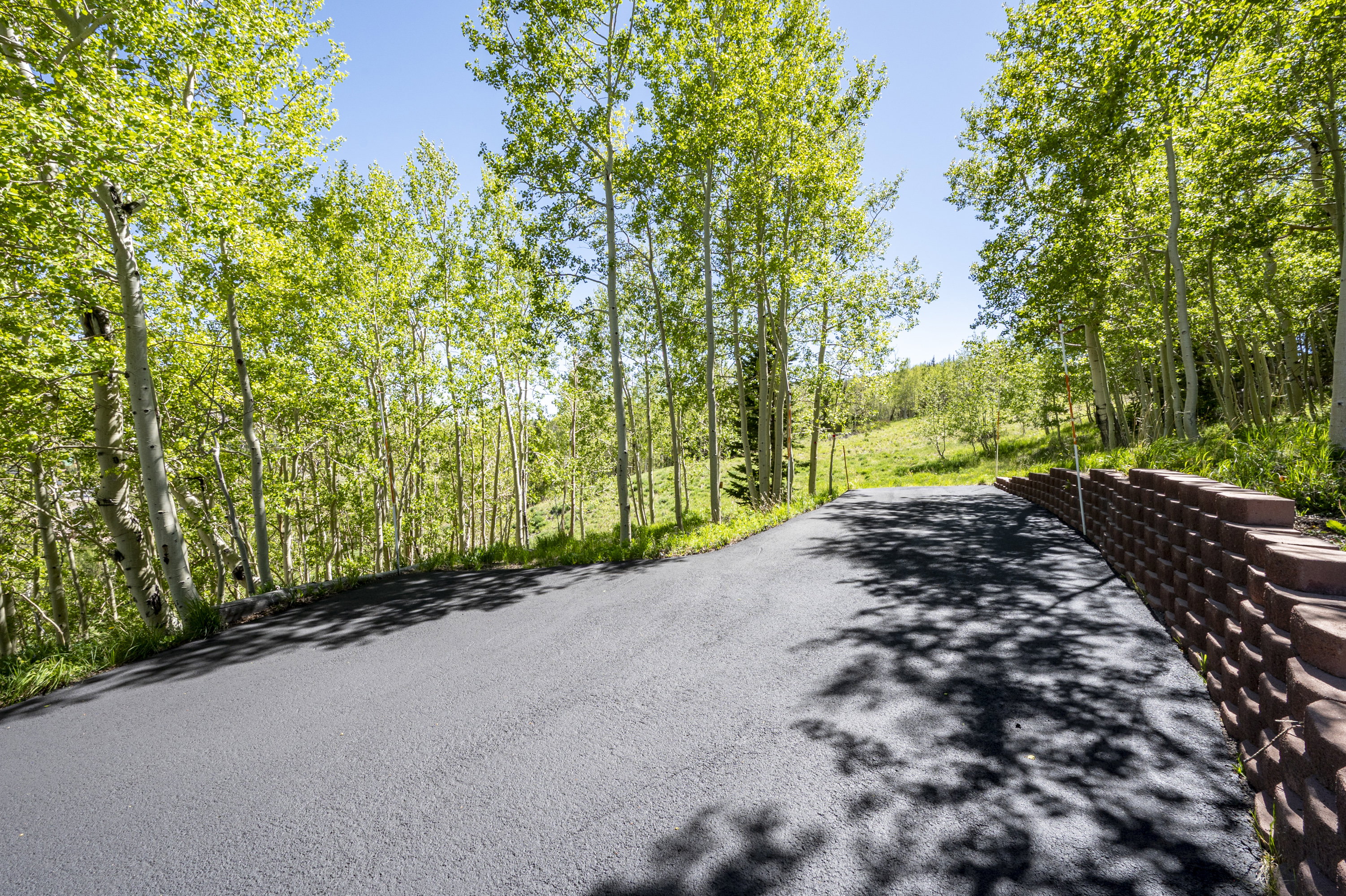 Paved driveway bordered by mature aspen trees and a retaining wall constructed from segmented block