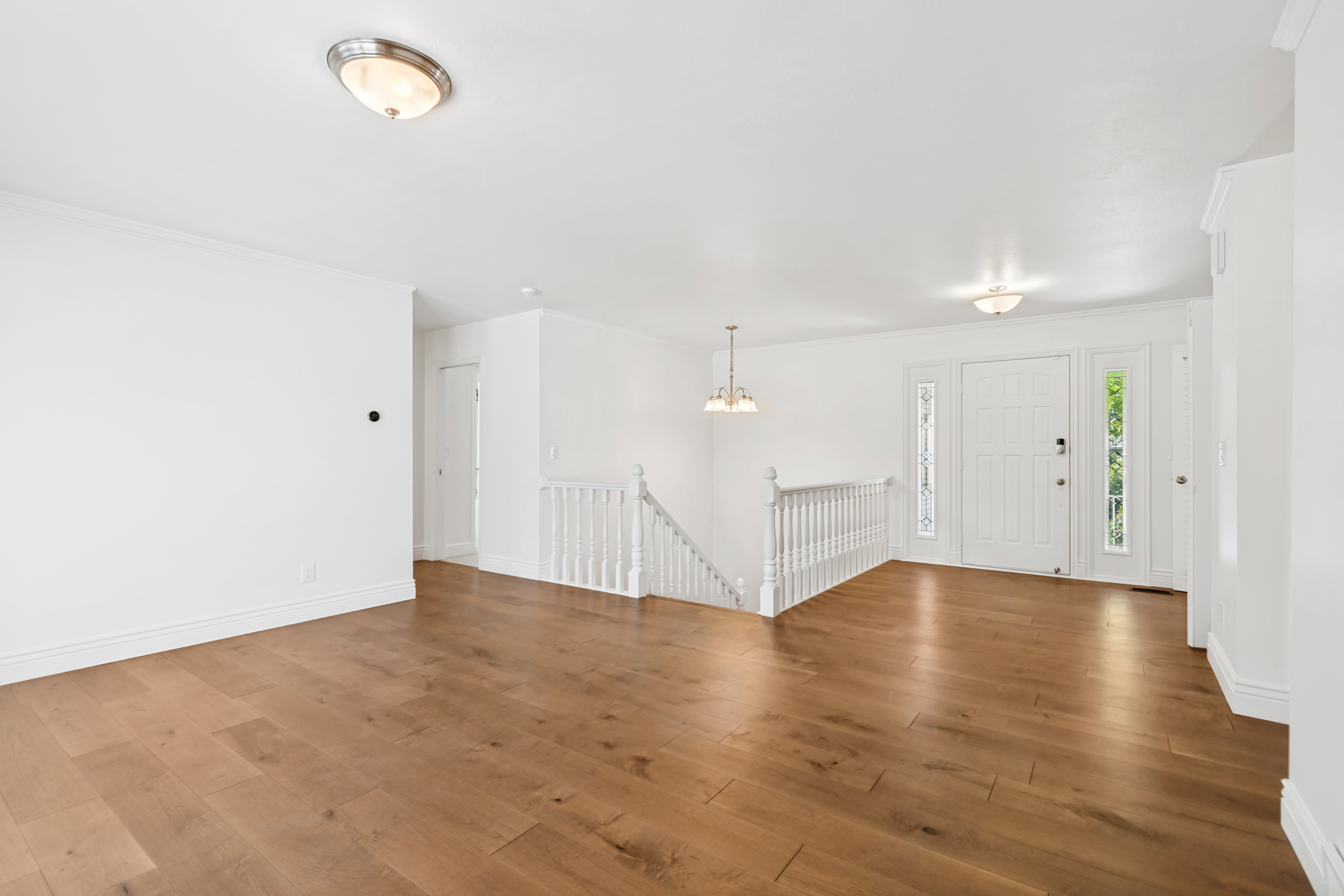 Hardwood-finish flooring throughout, featuring a white entryway door with decorative glass side panels, a white banister with balusters, and overhead flush mount lighting