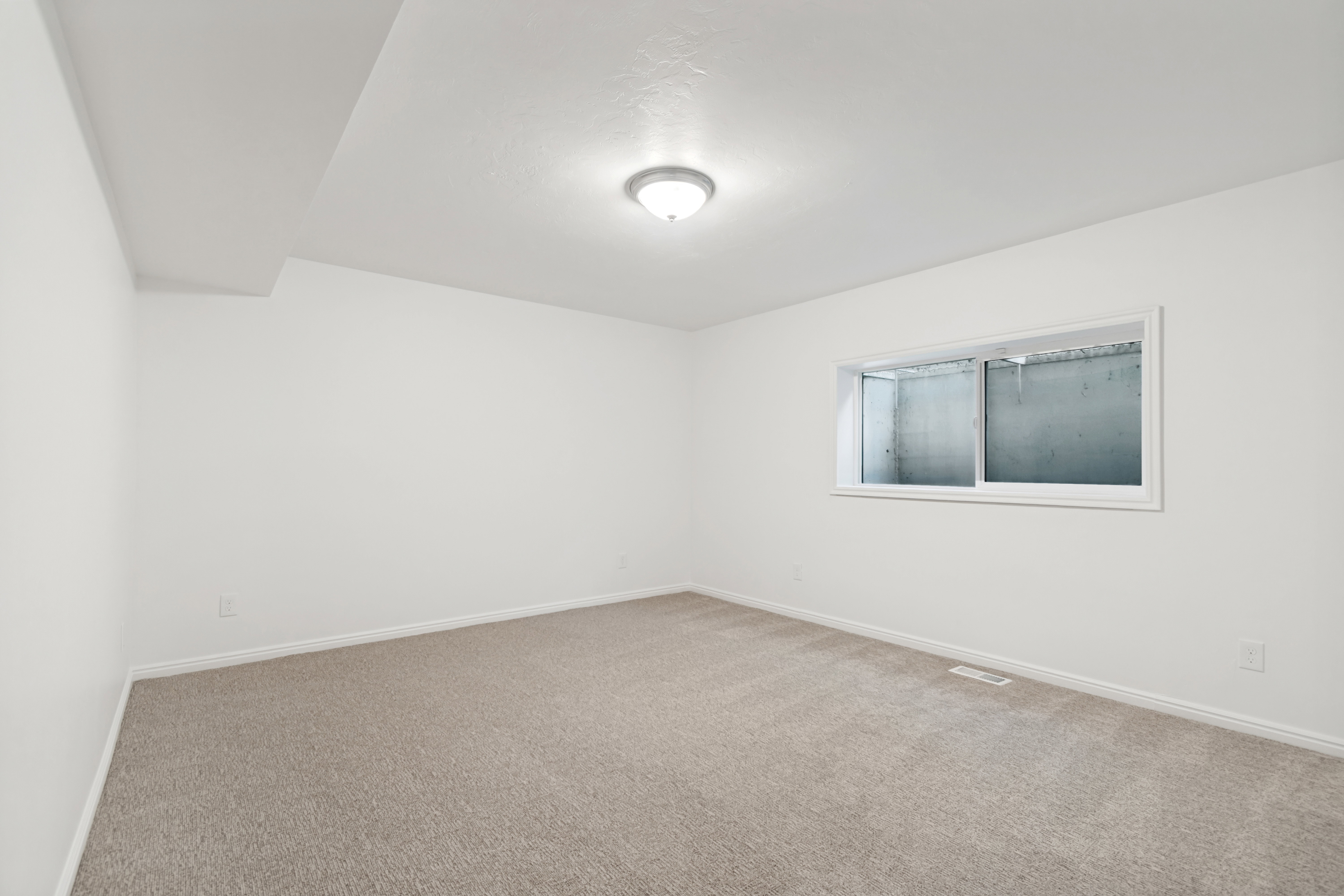 Room featuring neutral carpeting, white walls, and a single window