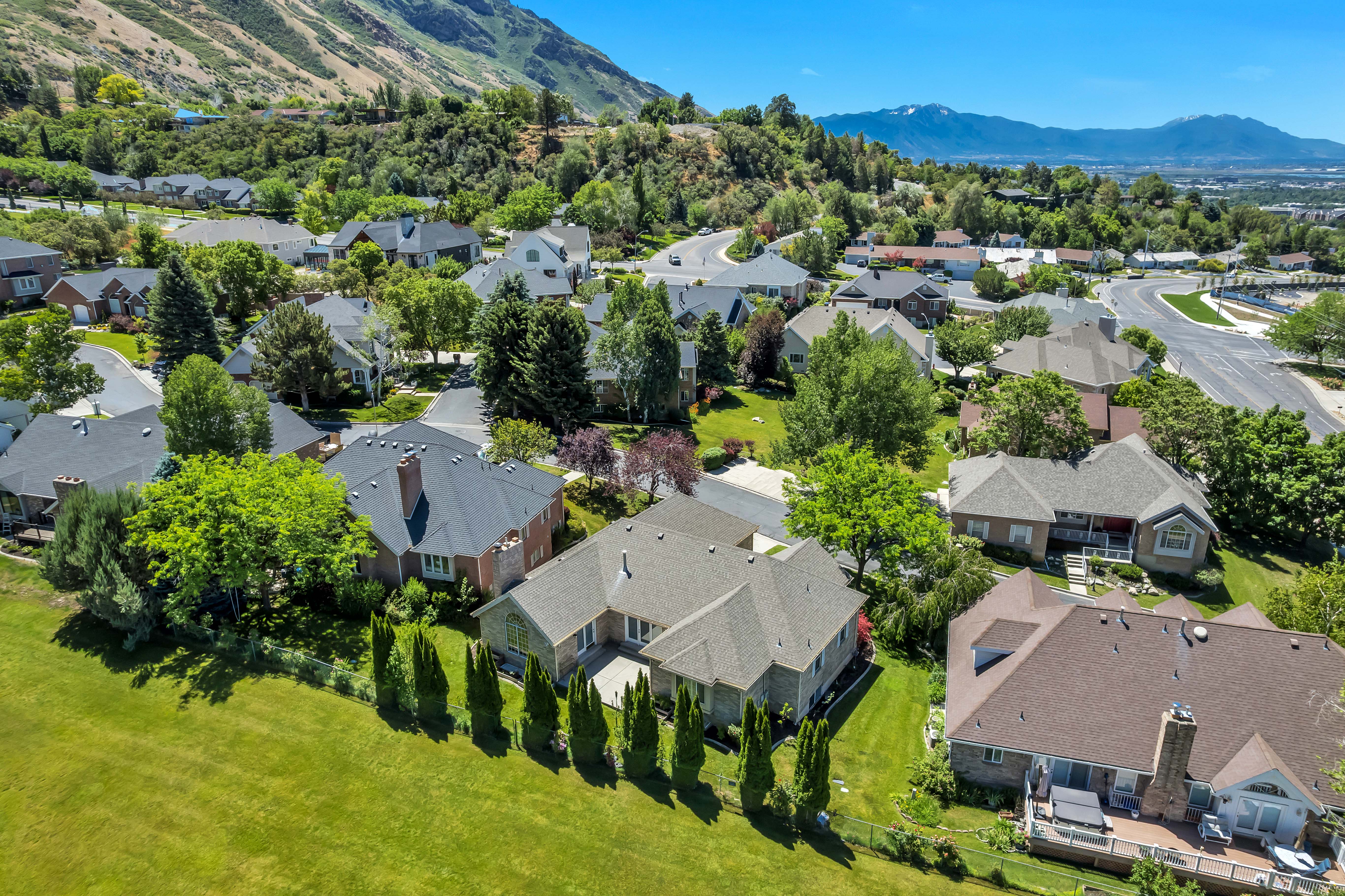 Expansive green space bordering a residential neighborhood with diverse architectural styles