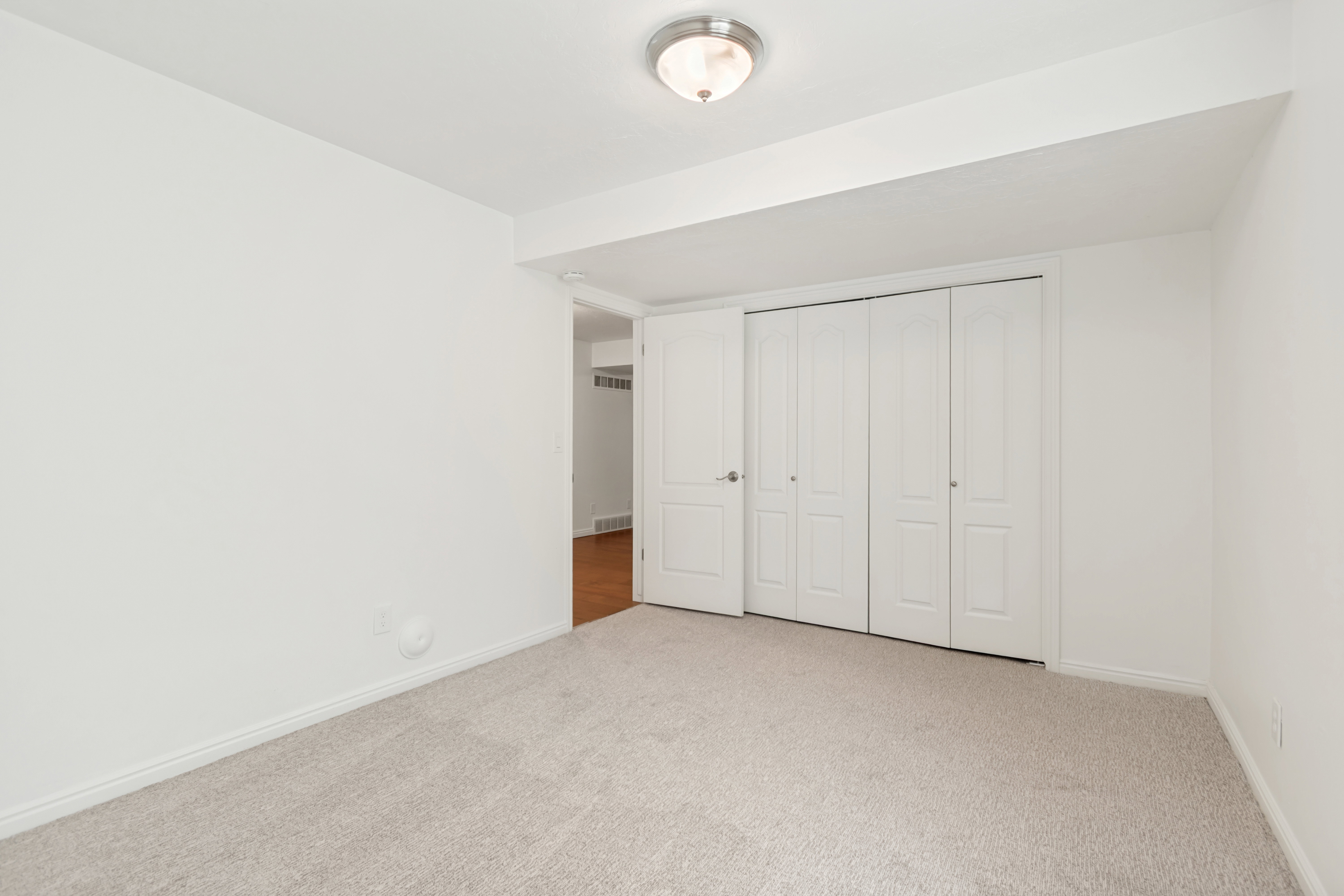 Room featuring light-colored carpet flooring, white walls, and a ceiling-mounted light fixture