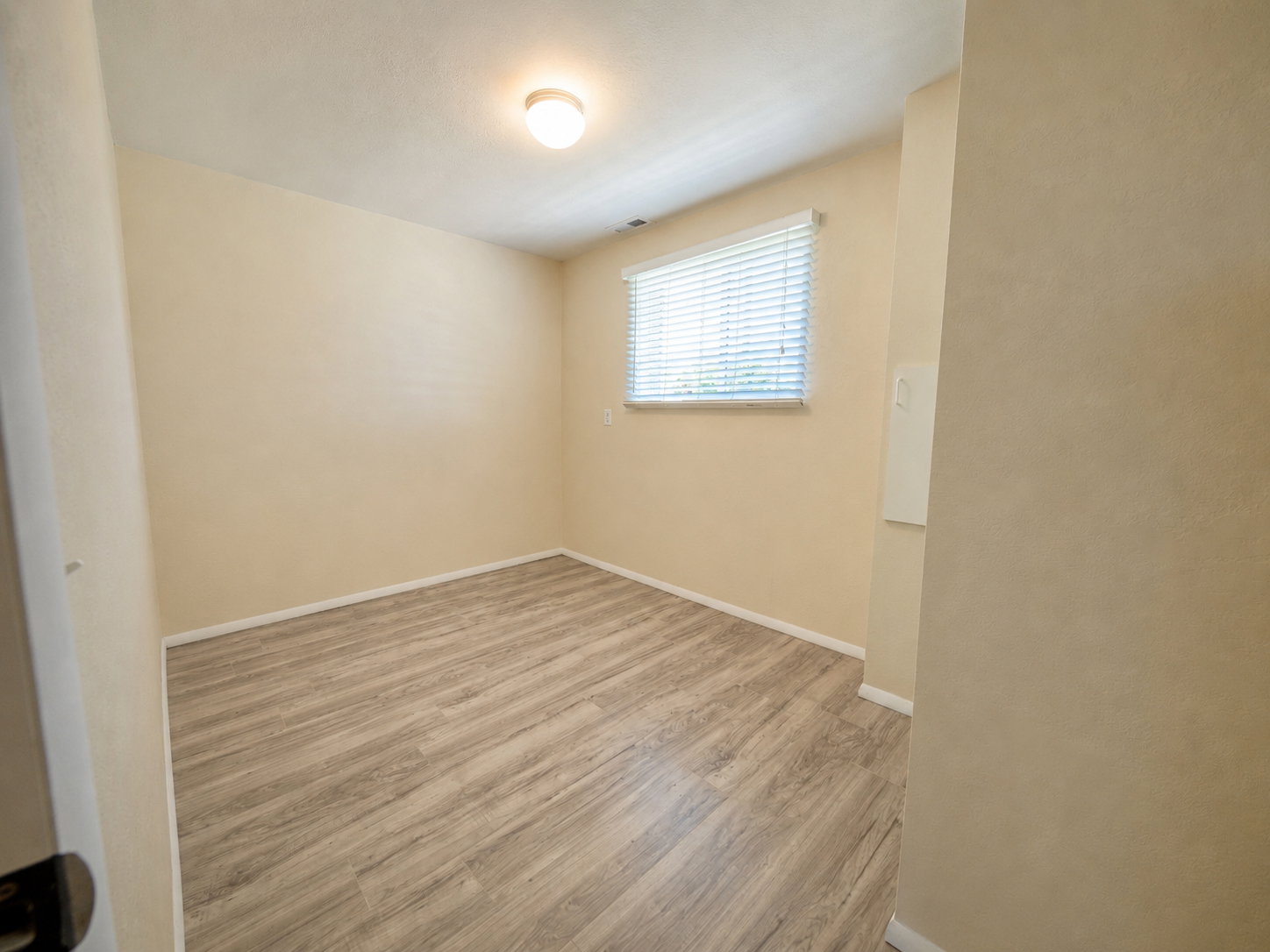 Room featuring wood-finish flooring, a neutral wall palette, a single window with horizontal blinds, and an overhead flush-mount light fixture