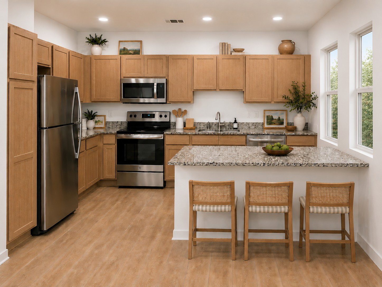 Rendering of kitchen layout and design finishes.