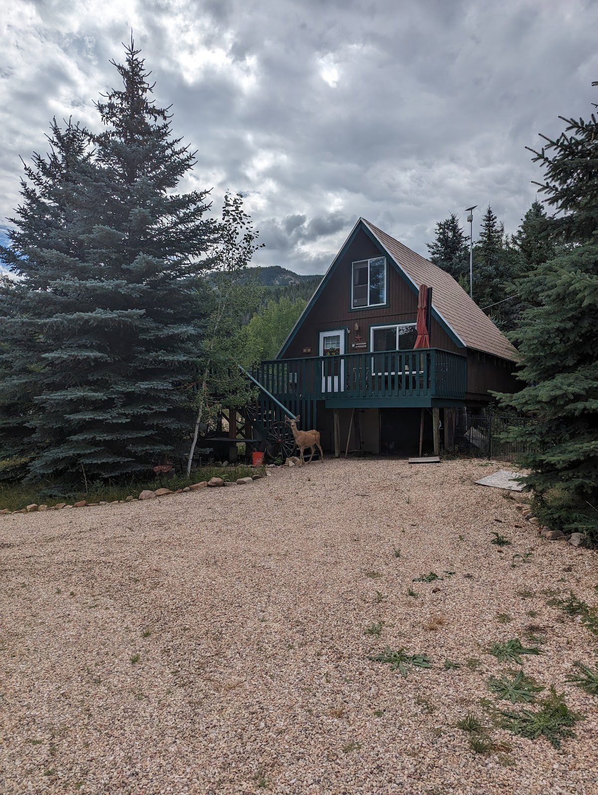 A-frame dwelling with a brown exterior and a dark green deck, featuring a gabled roof and multiple windows