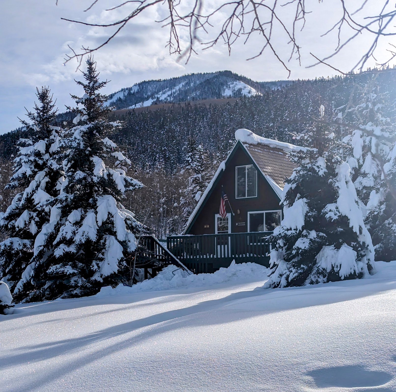 A-frame property featuring a deep brown exterior, a pitched roof, and a large front deck